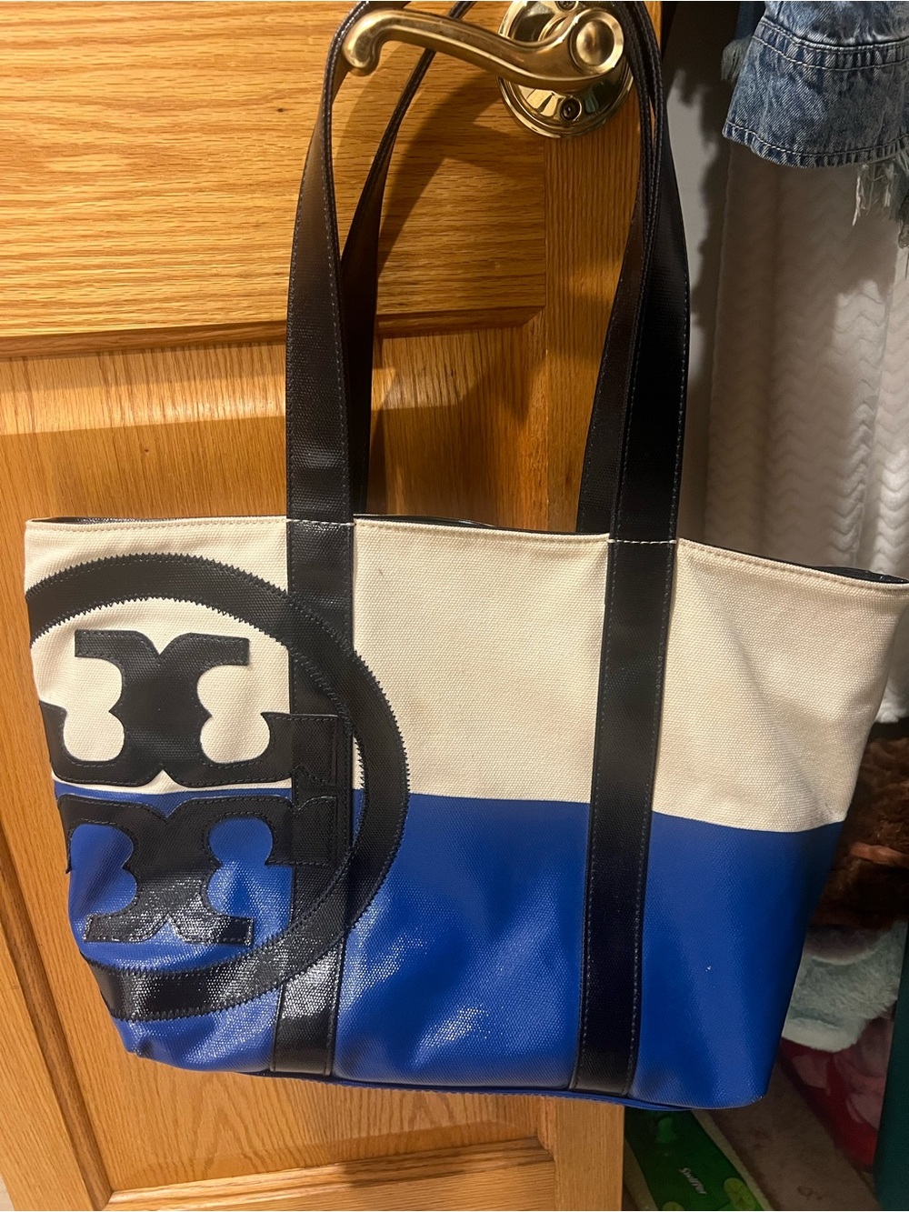 Tory Burch Blue, Cream & Black Canvas Logo Tote